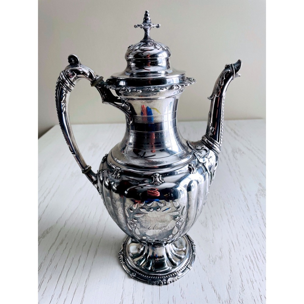 Victorian Mid 19th Century Coffee Pot P,B,&P.Co. Antique Ornate Silverplate 8Cup